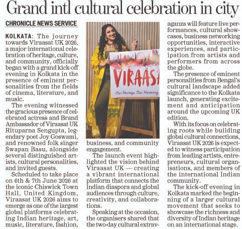 Chronicle News Service newspaper clipping on the Viraasat UK 2026 Kolkata launch with Rituparna Sengupta and event poster